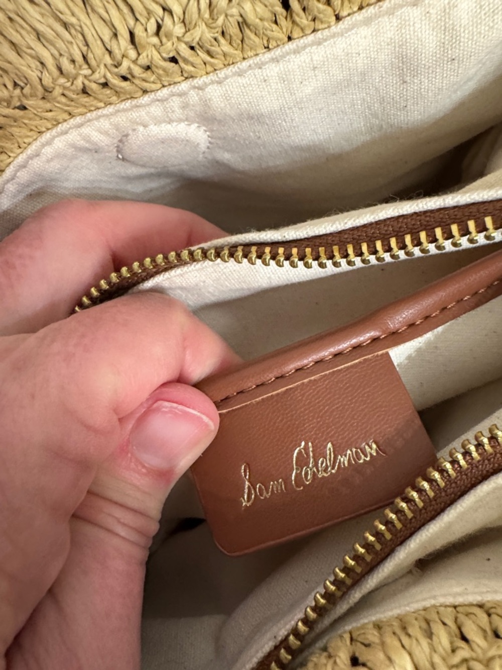 Sam Edelman Beige straw Crossbody with Brown Strap and Gold Logo - Picture 9 of 10